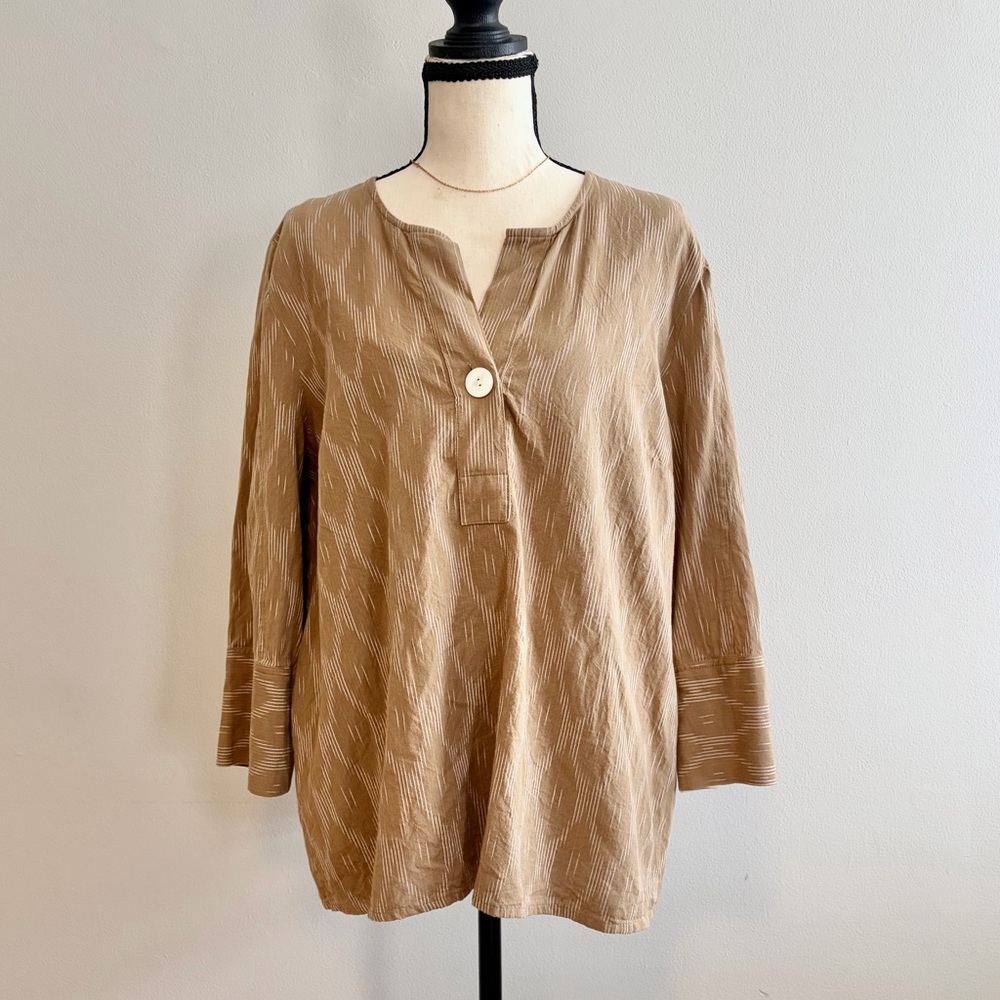 JJill Pure Jill 100% Cotton Boxy Top Boho Neutral 3/4 Sleeves Tan Khaki Medium